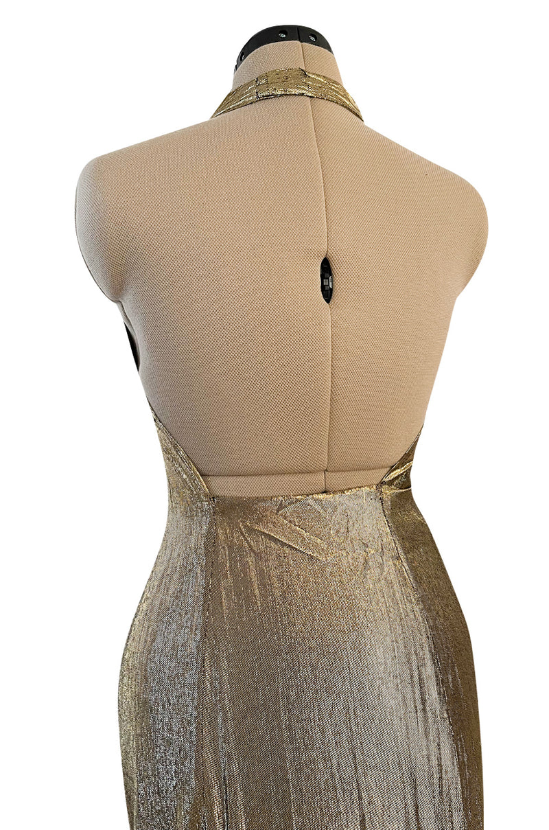 Iconic Fall 1980 John Anthony Couture Plunge Front Gold Lame Halter Dress w Bare Back