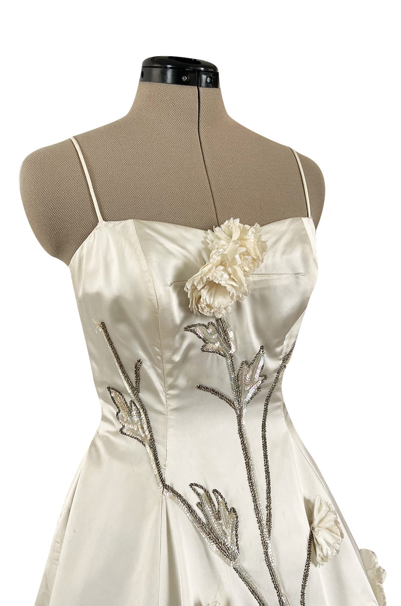 Gorgeous 1950s Emma Domb Ivory Matte Satin Dress w Sequin & 3D Flower Detailing