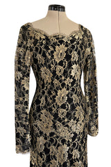 Exceptional Fall 1986 Chanel by Karl Lagerfeld Runway Metallic Gold Thread on Black Silk Net Dress