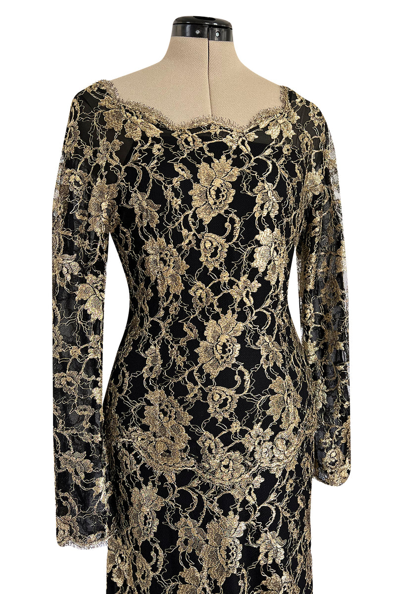 Exceptional Fall 1986 Chanel by Karl Lagerfeld Runway Metallic Gold Thread on Black Silk Net Dress