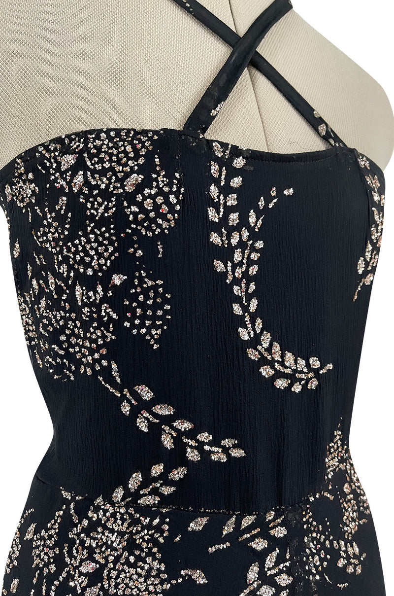 Incredible 1970s Ted Lapidus Sparkling Glitter Fused Design on Black Silk Chiffon Dress