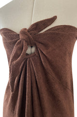 Unusual 1976 Halston Deep Brown Strapless Tie Front Dress in a Soft Terry Cloth