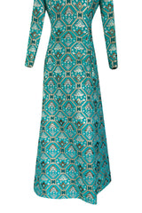 Gorgeous 1970s Mollie Parnis Turquoise Dress w Metallic Gold & Silver Detailing
