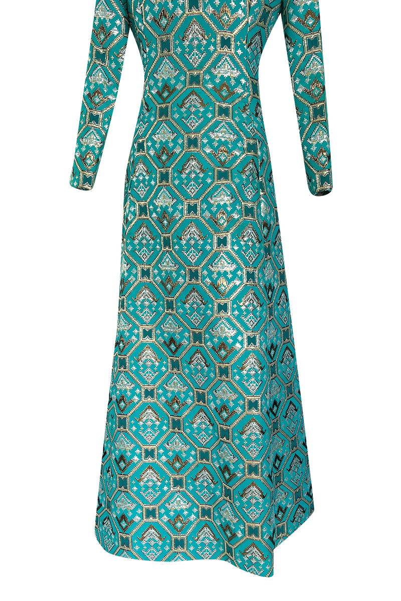 Gorgeous 1970s Mollie Parnis Turquoise Dress w Metallic Gold & Silver Detailing