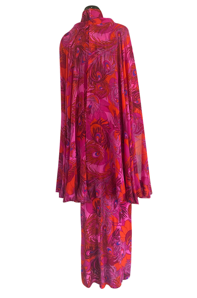 1972 La Mendola Silk Jersey Dress w Skirt Chiffon Skirt in the 'Paridiso' Peacock Feather Print