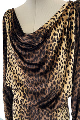 Important Spring 1993 Yves Saint Laurent Runway Draped Neckline Panne Velvet Leopard Print Dress