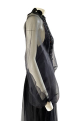 1960s Werle Black Organza & Embroidered Lace Transparent Back Dress