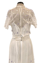 Ethereal 1930s Ivory Silk Tulle Net Dress w Pale Lavender & Cream Floral Embroidery