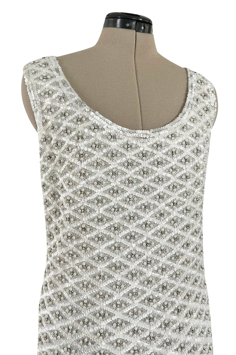 Fabulous 1960s Madeleine de Rauch Haute Couture Pearl White Sequin & Rhinestone Dress