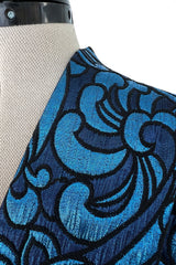 Late 1960s Lanvin by Jules-Francois Crahay Blue Metallic Silk Dress w Bow Detailing