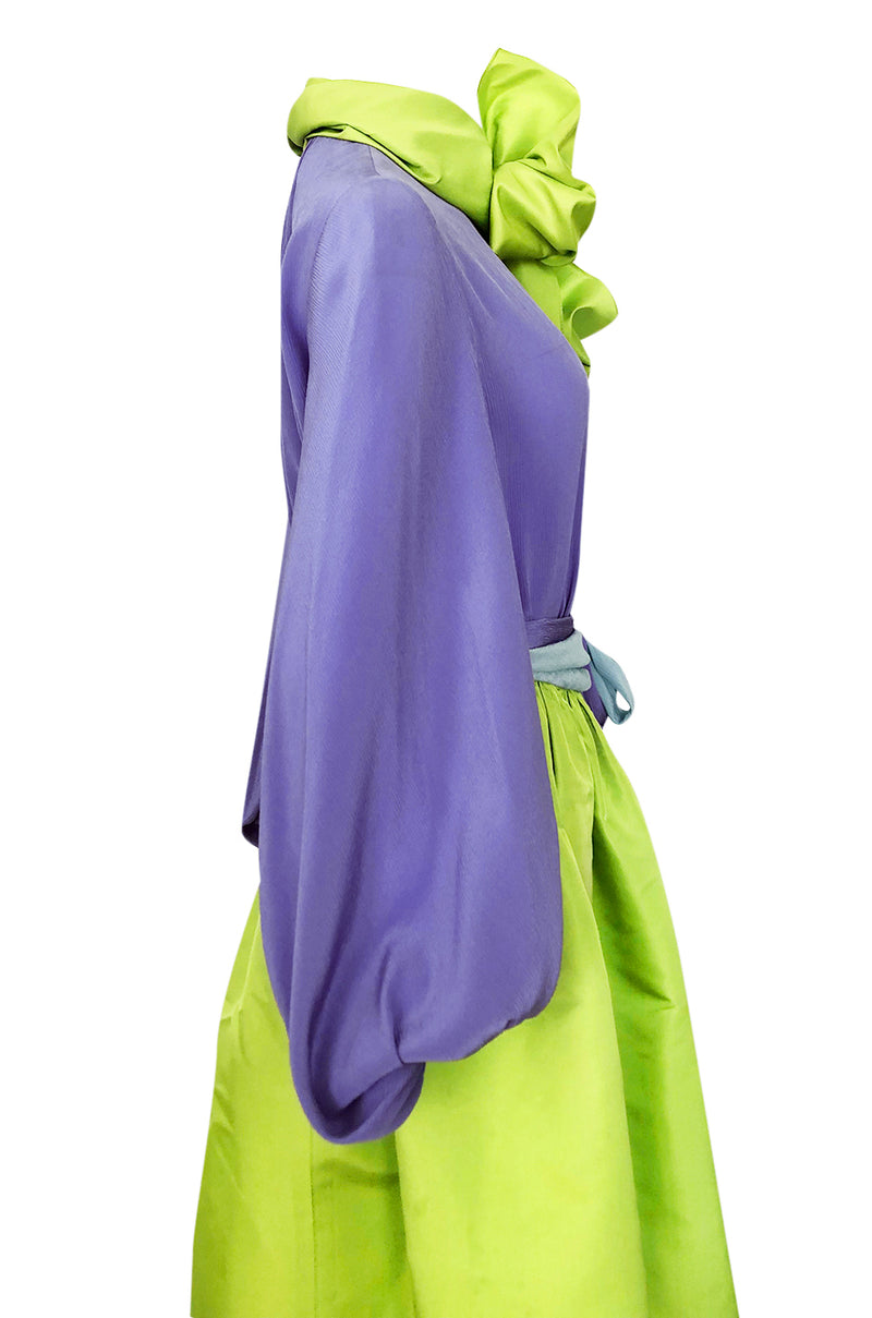 Spring 1978 Bill Blass Crisp Bright Green Silk Taffeta Skirt & Purple Silk Top Dress Set