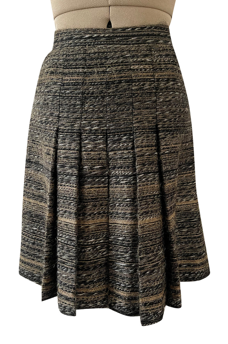Stunning Fall 2005 Chanel Metallic Silk Mohair Fur Trimmed Tweed Jacket & Pleated Skirt Suit
