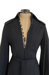 c.1969 Ossie Clark Black Moss Crepe Dress w Bishop Sleeves, Button Front & Dog Ear Collar