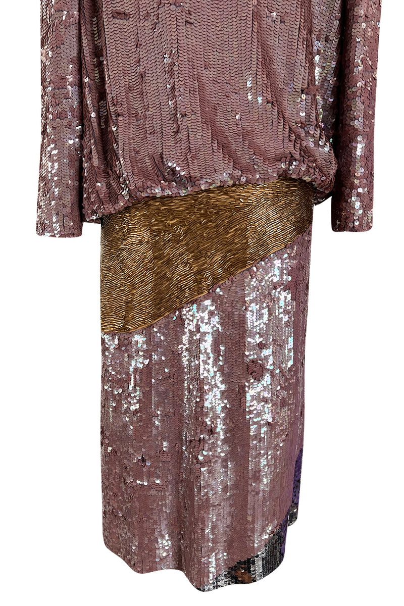 Documented 1982 Bill Blass Sequin & Beaded Dusty Purple, Gold & Silver Dress