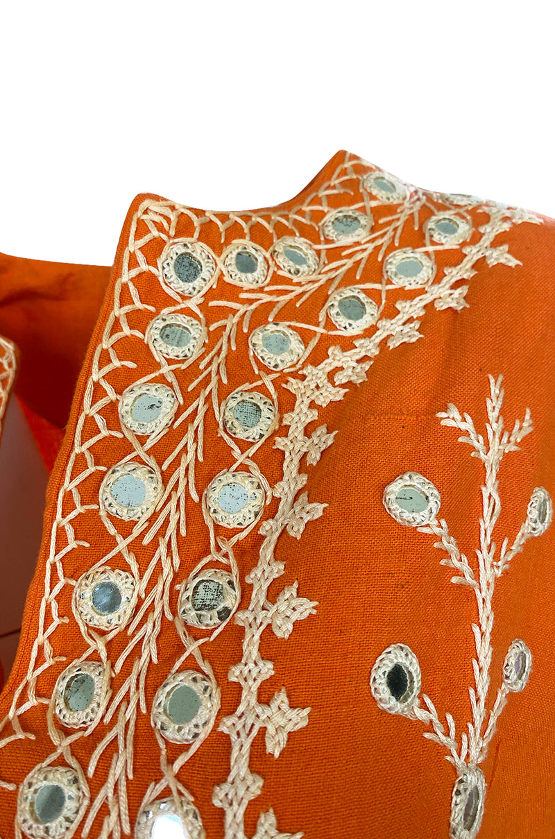 1960s Hand Applied Cord & Mirror Detailed Orange Cotton Caftan Dress