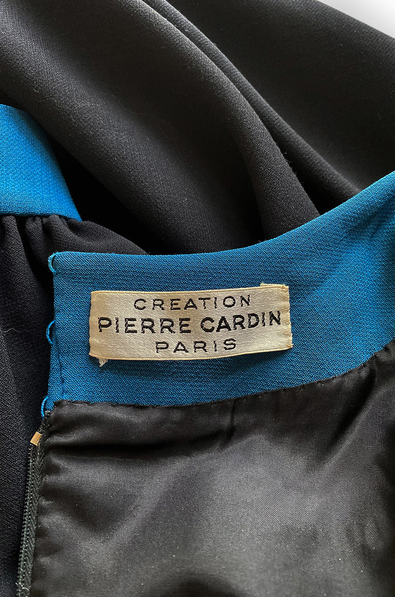 c.1967 Pierre Cardin ‘Cosmocorps’ Collection Cut Out Blue Neckline on Black Wool Dress