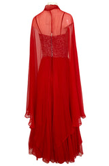1960s Unlabeled Red Silk Chiffon & Sequin Dress w Matching Cape