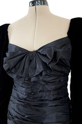 Dramatic 1980s Nina Ricci Black Velvet & Silk Taffeta Dress w Fabulous Sleeves & Slit Skirt