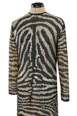 Iconic Late 1970s Halston Rare Iridescent Gold & Black Sequin Tiger Print Dress