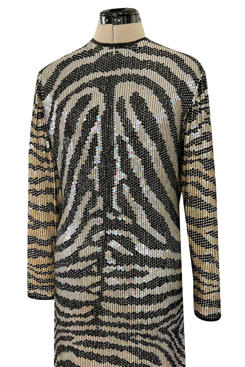 Iconic Late 1970s Halston Rare Iridescent Gold & Black Sequin Tiger Print Dress
