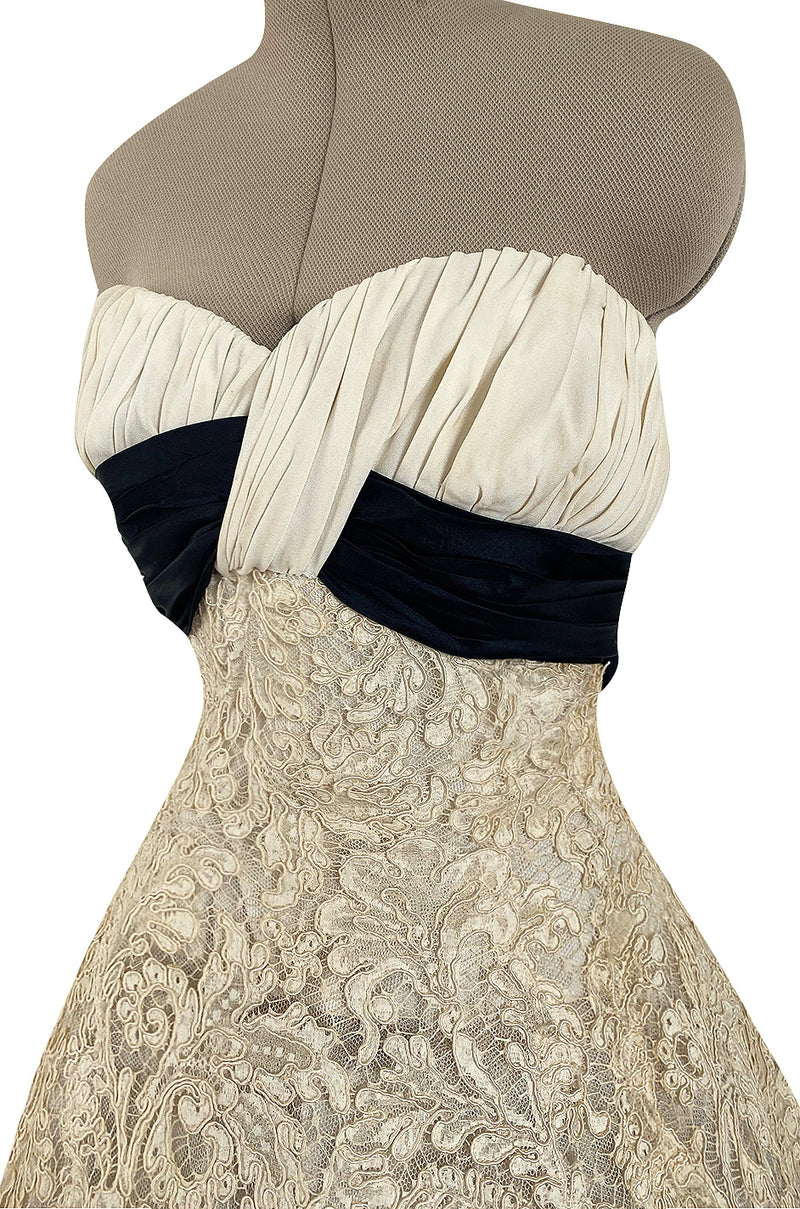 Exceptional Spring 1956 Pierre Balmain Haute Couture Strapless French Alencon Lace & Silk Organza Dress