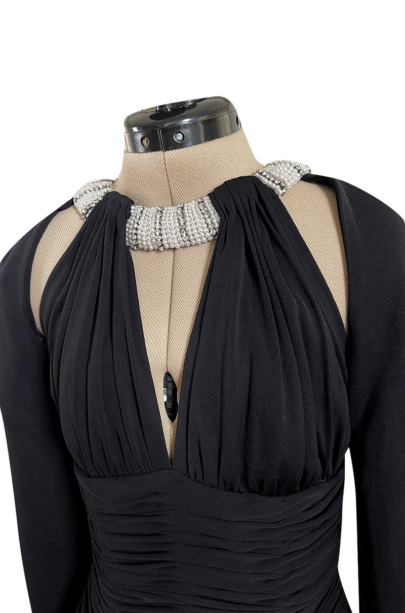 Fabulous 1980s Vicky Tiel Cut Outs Black Jersey Dress w Jewelled Pearl & Rhinestone Collar