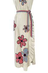 Amazing 1970s Malcolm Appliqué Starr Flower Dress by Youssef Rizkallah w Open Side Slit