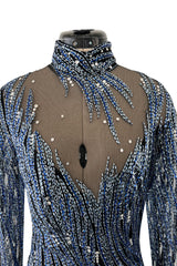 Incredible 1980s Bob Mackie Blue & Silver Beaded & Sequin Dress on Black Net