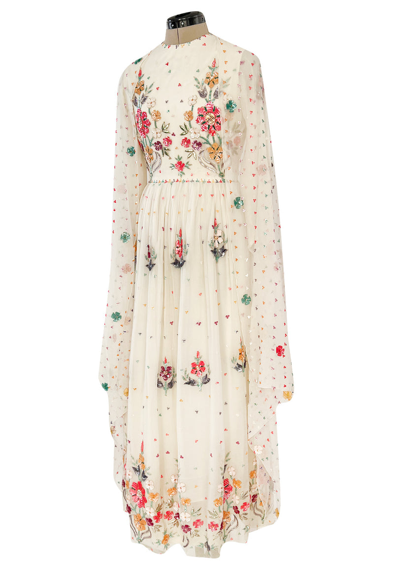Exceptional 1960s Hand Sequinned Indian Silk Gauze Dress w Matching Veil or Shaw