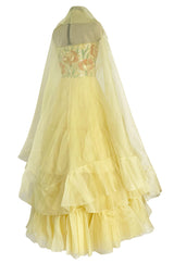 Spring 1977 Jean Louis Scherrer Haute Couture Strapless Floral Sequin Silk Dress w Matching Silk Cape