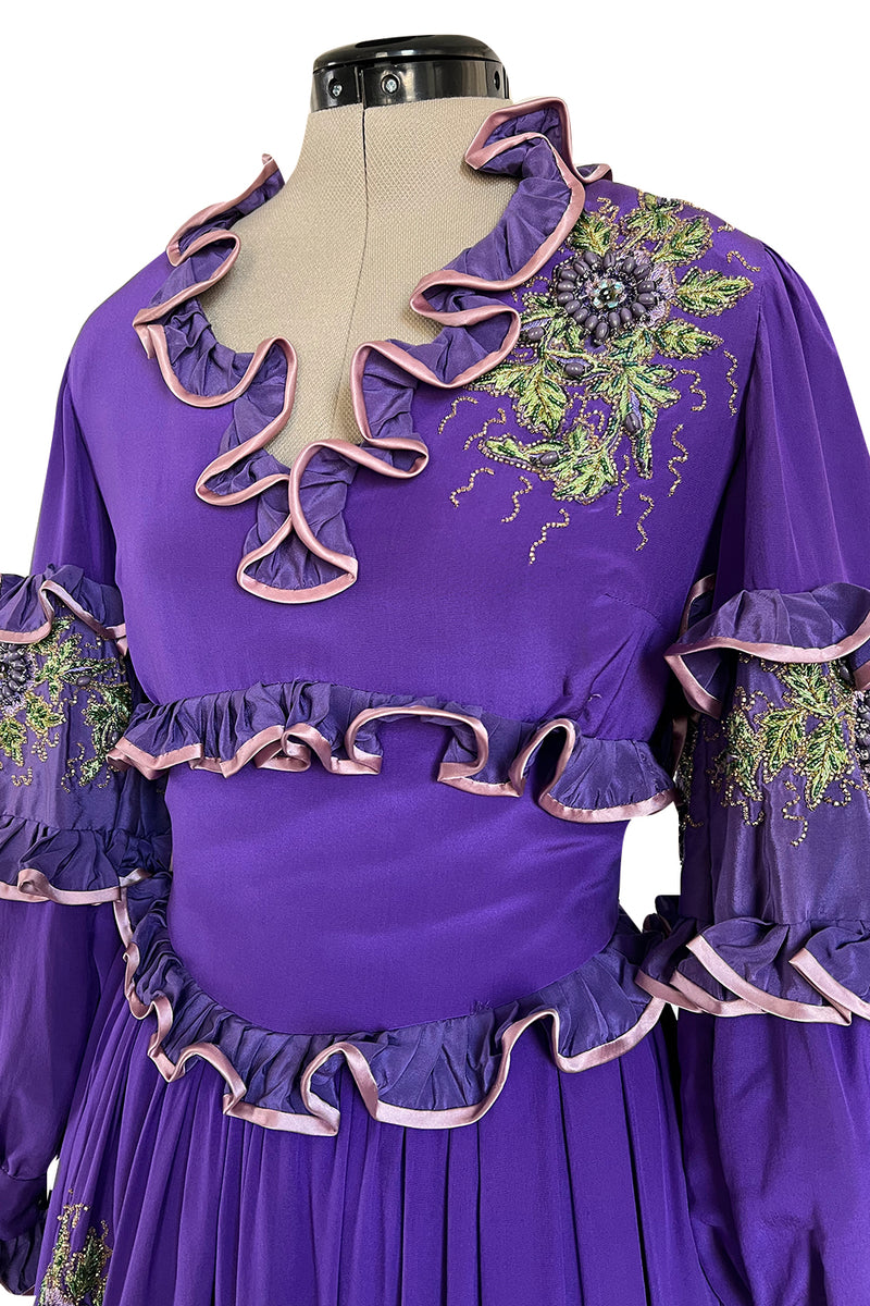 Rare 1960s Tiziani Couture by Karl Lagerfeld Purple Silk Dress w Intricate Hand Beading