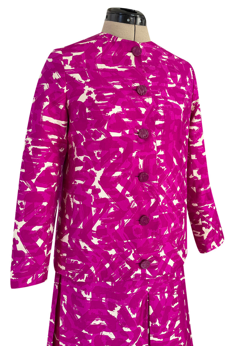 Exceptional Spring 1966 Christian Dior Haute Couture Suit by Marc Bohan In a Pink Patterned Silk Twill
