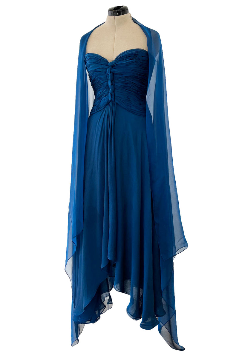 Spring 1990 Oscar De La Renta Deep Sapphire Blue Silk Chiffon Straples Shrimpton Couture Spring 1990 Oscar De La Renta Deep Sapphire Blue Silk Chiffon Straples Shrimpton Couture