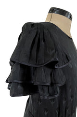 Spring 1980 Valentino Haute Couture Black Floral Silk Dress w Ruffle Sleeves & Pleated Skirt