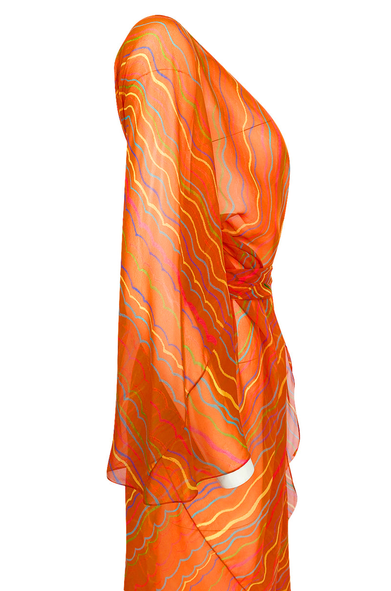 Spring 1973 Halston Bright Tangerine Striped Silk Chiffon Caftan w Sash