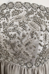 Spring 2006 Reem Acra Pale Grey Silk Chiffon Silver Rhinestone Beaded High Bodice Dress