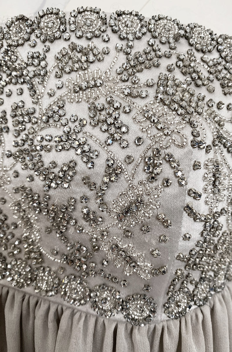 Spring 2006 Reem Acra Pale Grey Silk Chiffon Silver Rhinestone Beaded High Bodice Dress