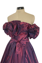 1970s Victor Costa Iridescent Deep Burgundy Purple Silk Taffeta Dress with Strapless Ruffled Neckline