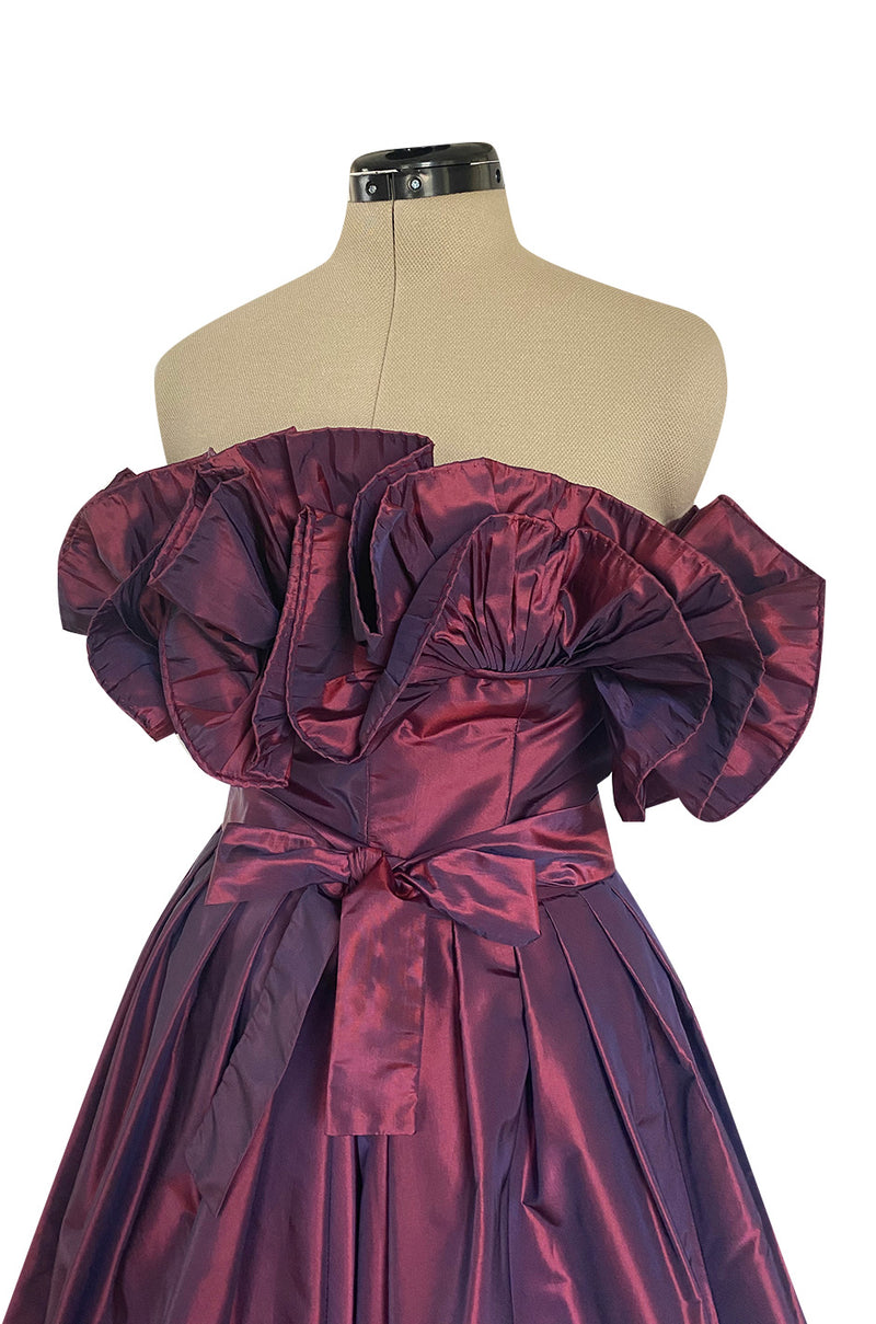 1970s Victor Costa Iridescent Deep Burgundy Purple Silk Taffeta Dress with Strapless Ruffled Neckline