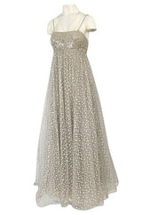 1970s Unlabeled Alfred Bosand Sequin Bodice Dotted Silk Net Dress W Matching Cape Overlay