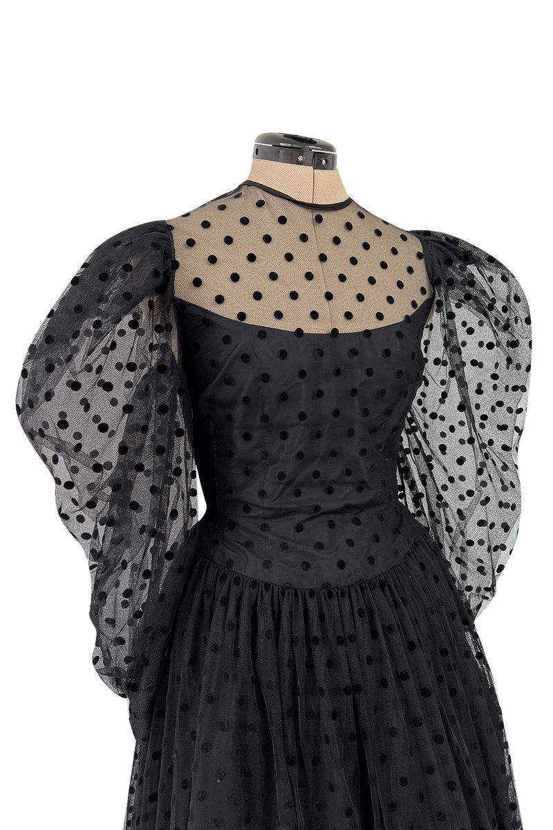 Early 1980s Pauline Trigere Velvet Dot on Net Dress w Exceptional Sleeves