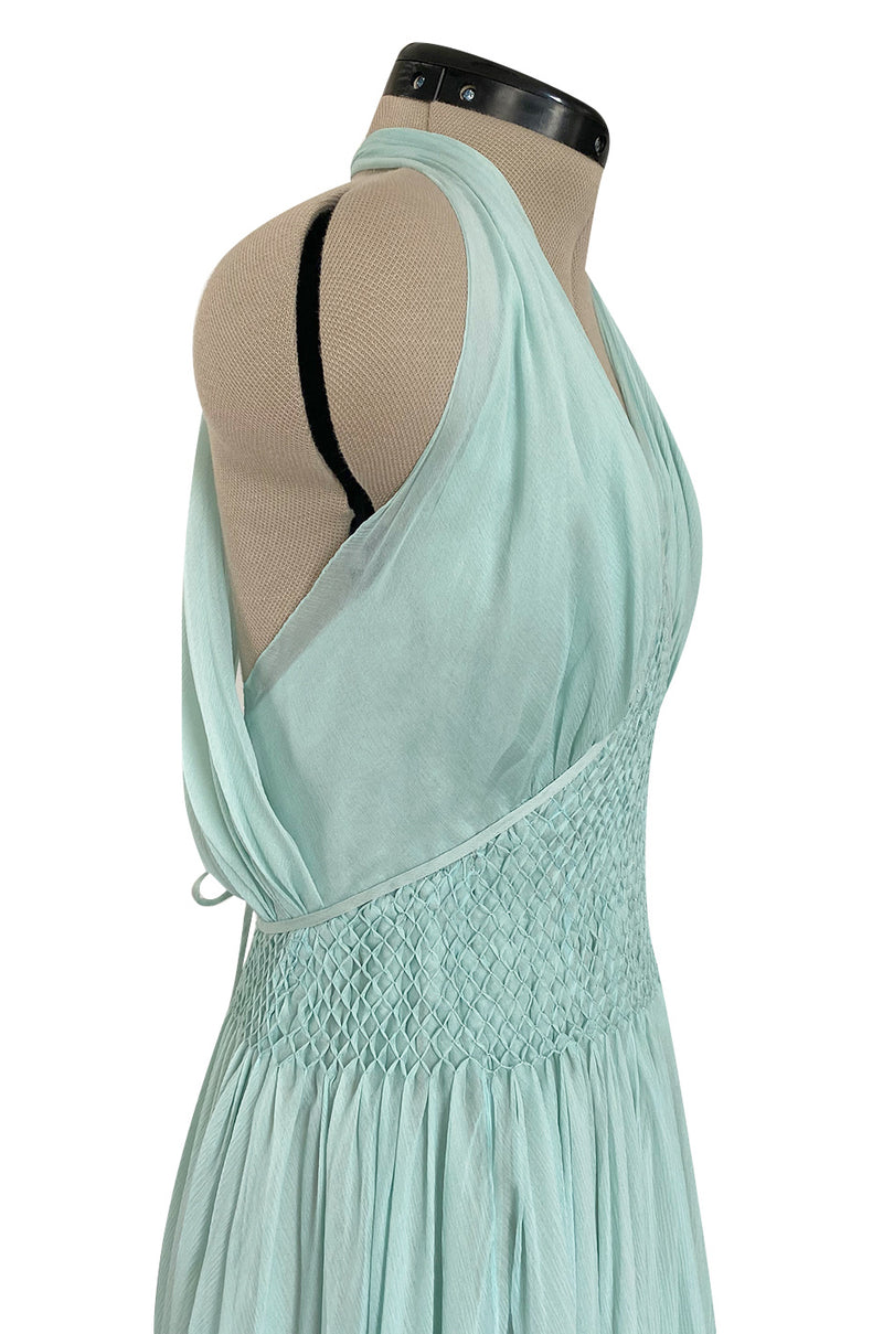 Spring 1976 Chanel Haute Couture Pale Turquoise Silk Chiffon Dress w PinTuck Gathered Front