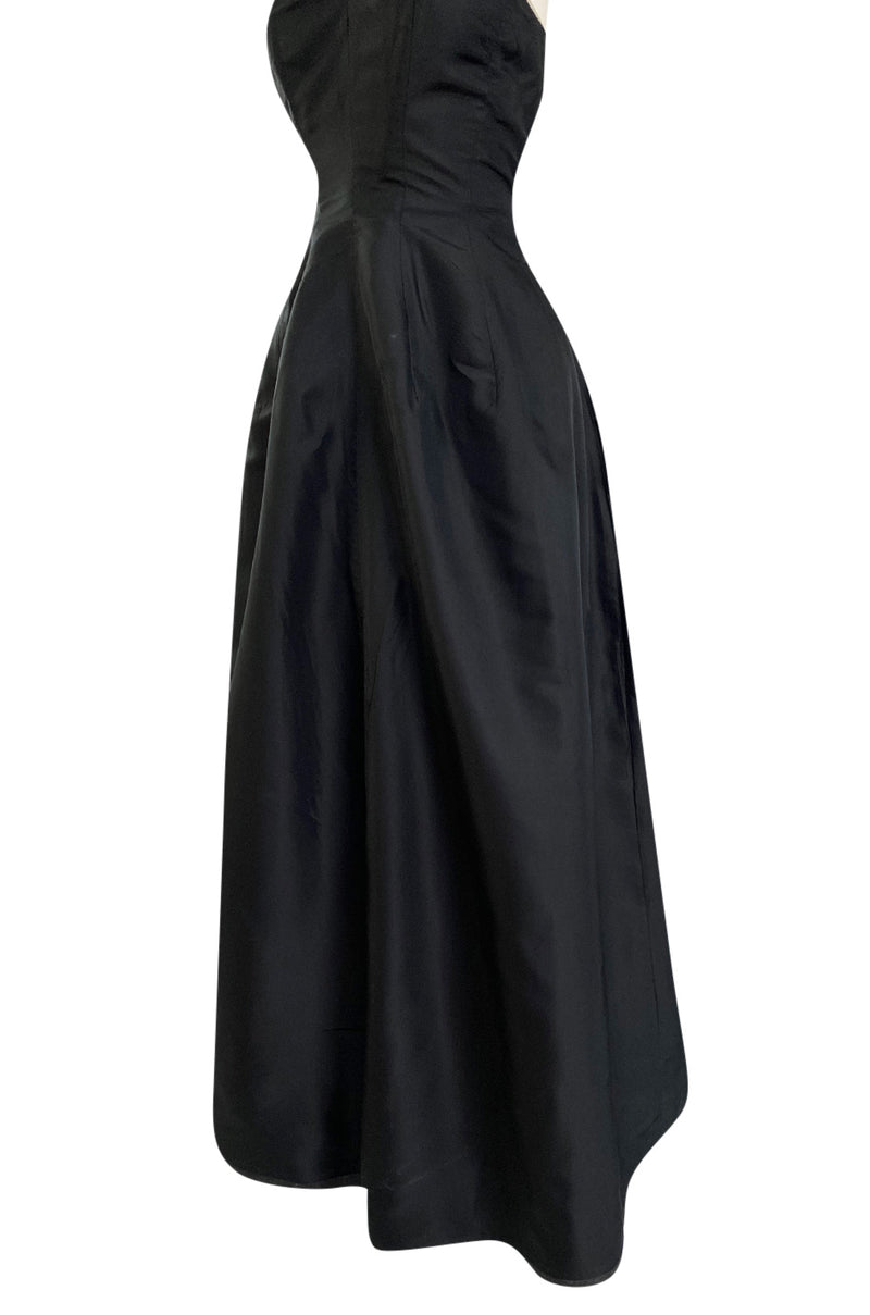 1950s Bonwit Teller Strapless Black Silk Dress w White Edging & Full Skirt