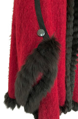 Fabulous 1970s Yves Saint Laurent Red Mohair Cape w Black Fox Fur Trim & Button Detailing
