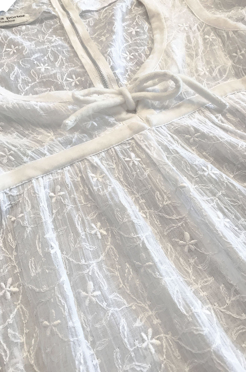1970s Thea Porter White Embroidered Muslin Butterfly Applique Dress