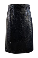 1973 Halston Couture Glossy Black Hand Applied Sequin Skirt & Jacket Evening Suit