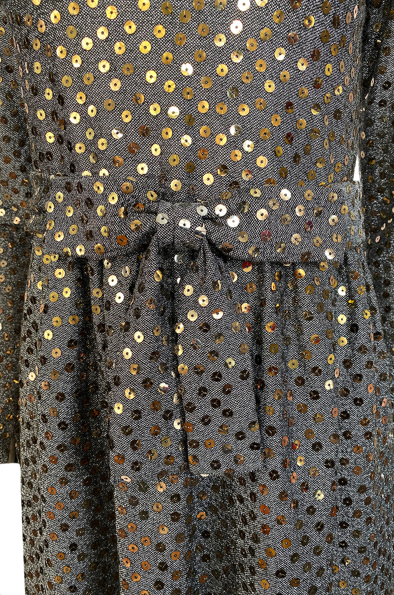 1970s Mollie Parnis Silver Sequin & Knit Lame Jersey Dress w Belt