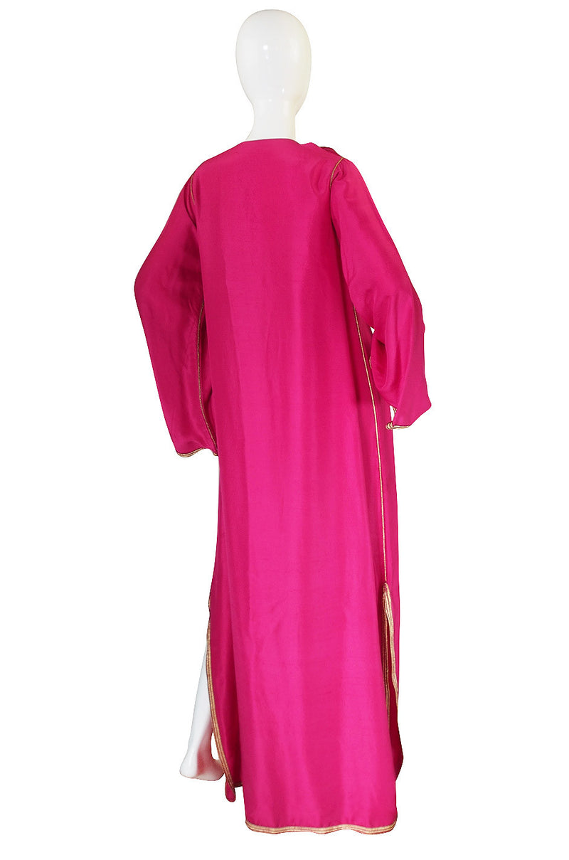 1960s Vivid Pink Silk and Gold Braid Rainbow Caftan