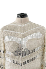 Iconic Spring 1981 Halston Fully Hand Beaded & Sequinned Silver & Ivory Silk Chiffon Dress
