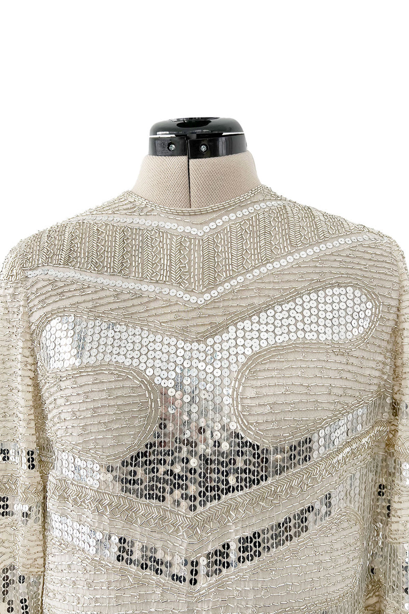 Iconic Spring 1981 Halston Fully Hand Beaded & Sequinned Silver & Ivory Silk Chiffon Dress